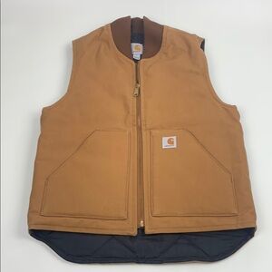 Carhartt Tan Brown Quilted lined Vest Zip up Pockets Logo Patch Size Small NEW